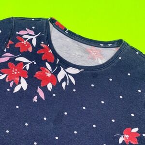 Kim Rogers Perfectly Soft Navy Blue Floral Polka Dot 3/4 Sleeve Cotton Top Small